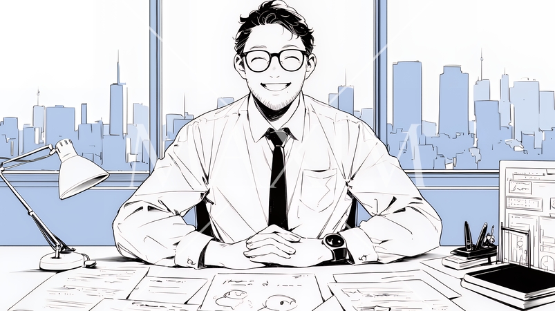 商談：笑顔で事業説明を話しているビジネスパーソン（シンプルな色使い）