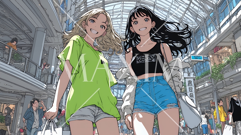 女友達と一緒にショッピングモールを歩き回る若い女性