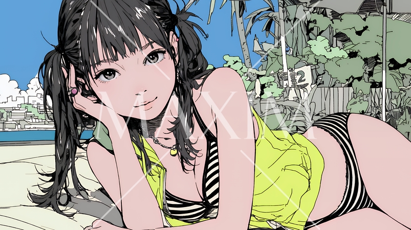 南国のビーチに寝そべるビキニ姿の若い女性