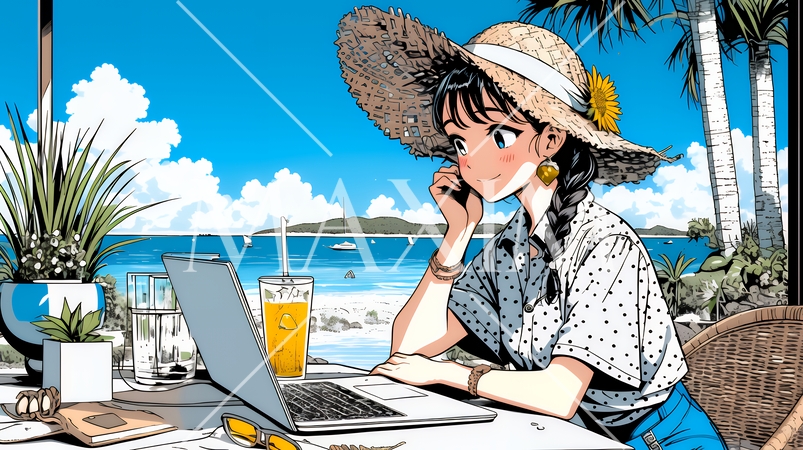 ワーケーション：休暇を楽しみながら仕事をしている女性