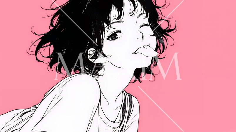 舌を出して陽気におどけている若い女性（シンプルな色使い）