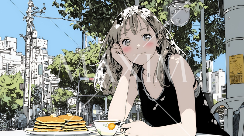 早朝のダイナー（喫茶店）でパンケーキ（モーニングセット）を食べる若い女性