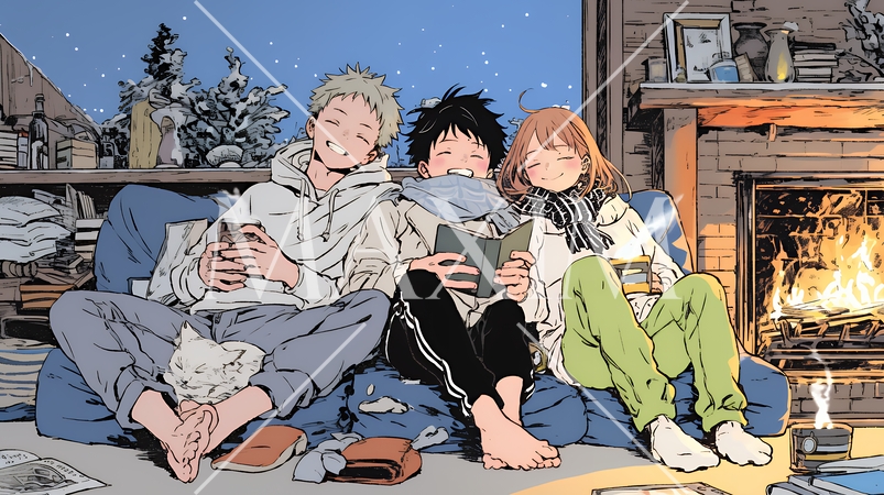 ほっこり：冬の寒い日に仲の良い仲間と暖炉のある部屋でのんびり・ゆっくり・まったり・ほっこり・ぬくぬく