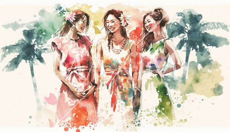 南国の島でリゾート気分の若い女友達たち