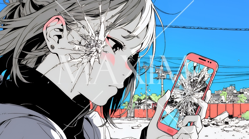 画面が壊れたスマホを手に持つ若い女性