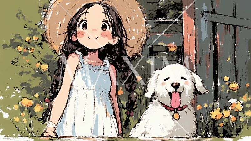 愛犬と散歩をしている女の子（クレヨン＋水彩画風）
