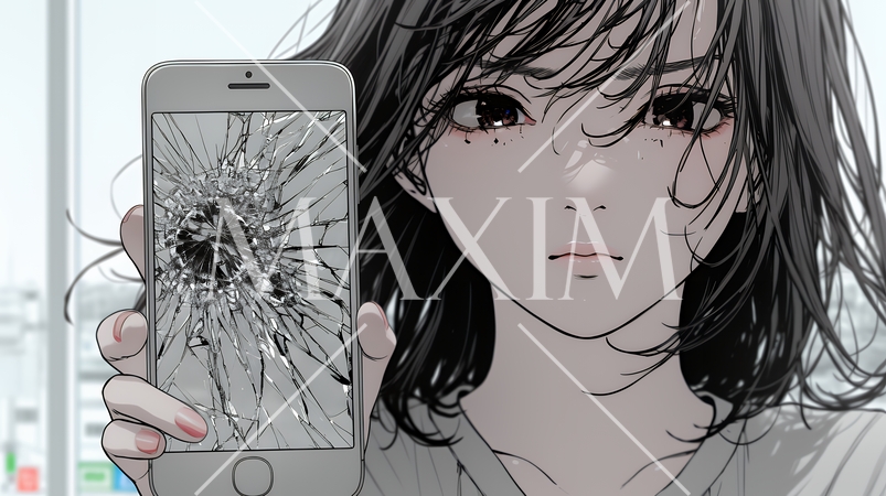 画面が激しく割れているスマートフォンを手にしているいる若い女性