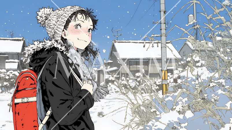 雪の積もる田舎道を歩いている若い女性