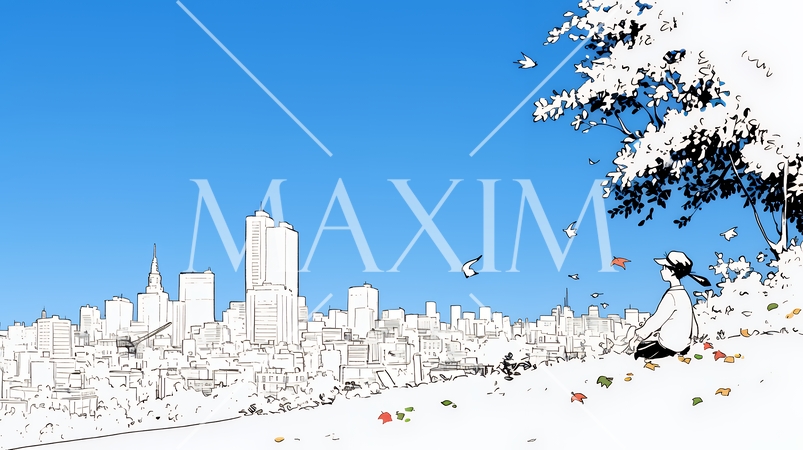 都市の町並みと青空（シンプルな色使い）