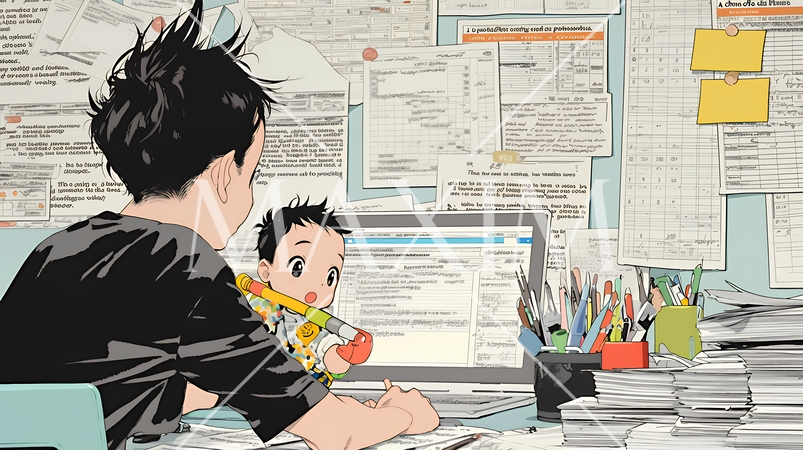 自宅でのリモートワークの場面：子どもが気になって集中できない