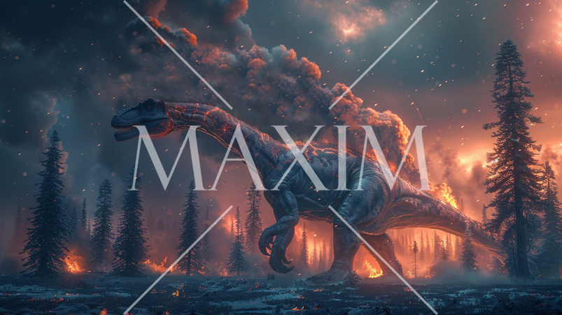 6500万年前、巨大隕石衝突による大森林火災と大寒波に見舞われている恐竜：精緻CG