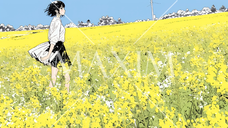 菜の花畑にいる若い女性