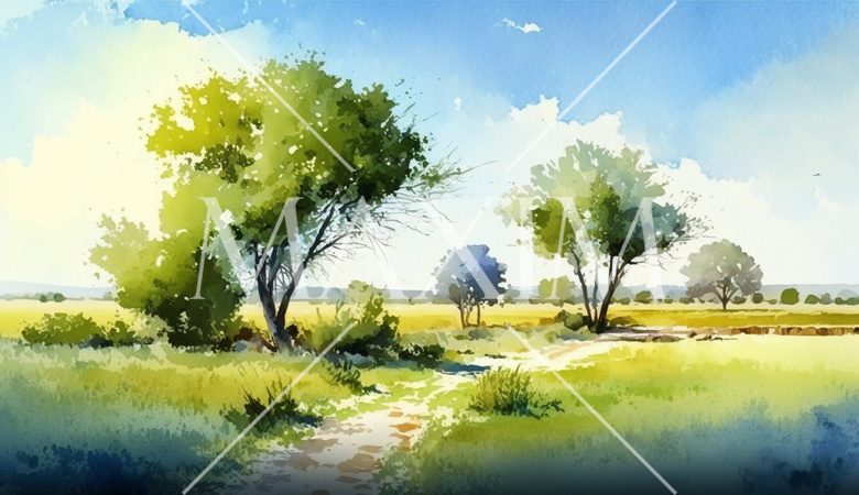 草原と青空を水彩画で表現