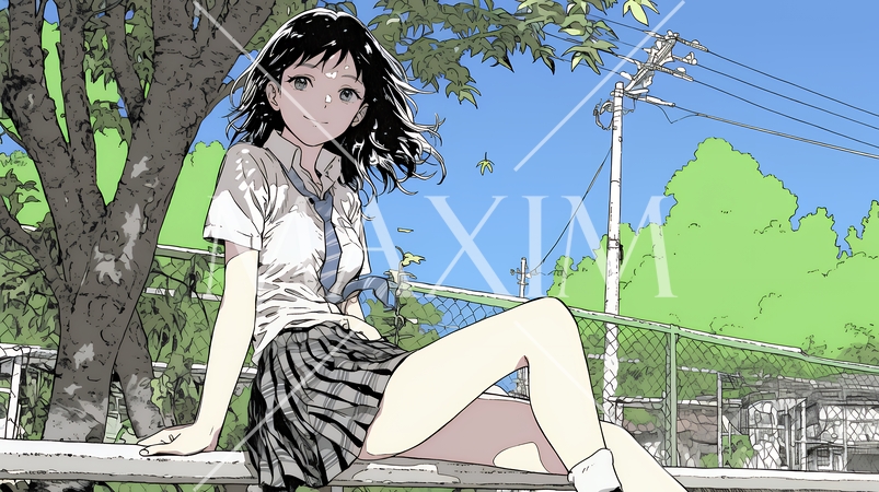 制服姿の女子高生：学校のグラウンドのベンチに腰掛けている