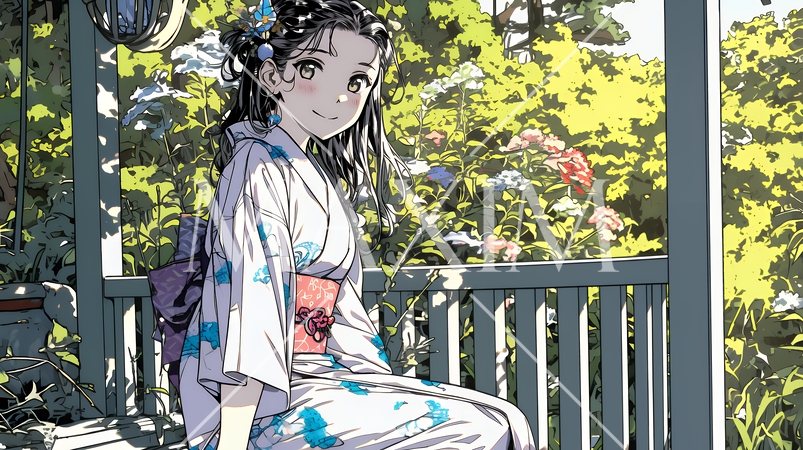 浴衣姿で夕涼みをしている若い女性