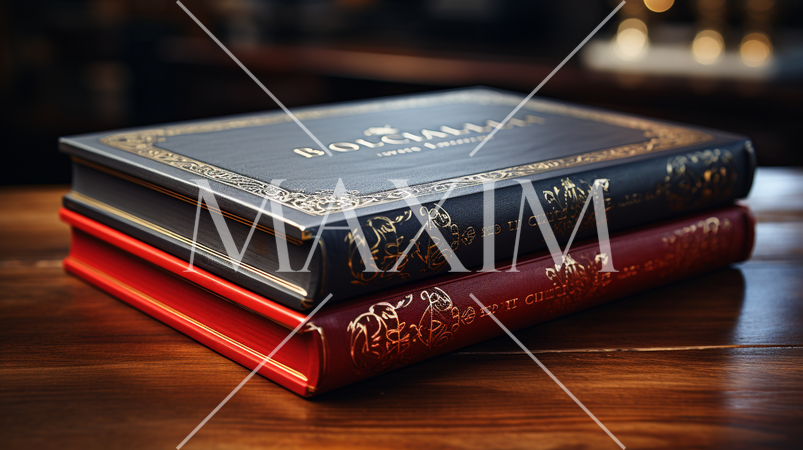 机の上にある革装丁の本