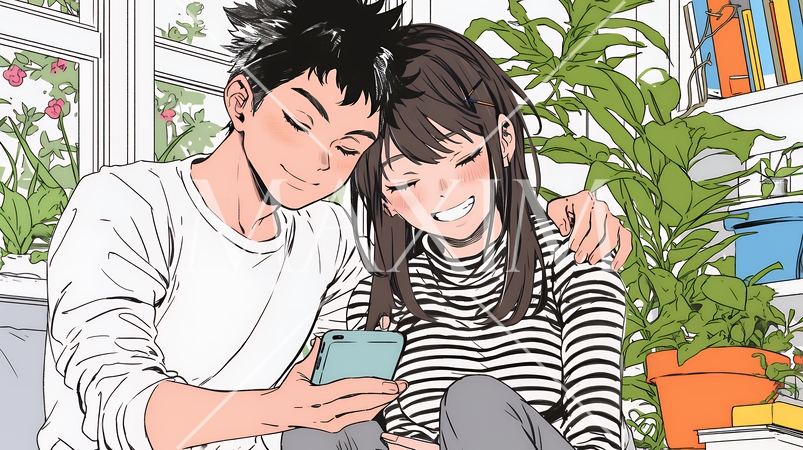 幸せそうに一緒にスマホを見る若いカップル