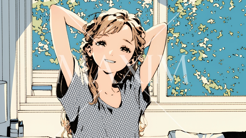 朝の目覚ましを止めて伸びをしている若い女性