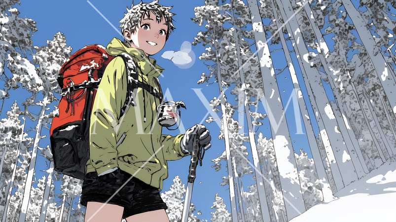 雪の積もる田舎道を歩いている若い女性