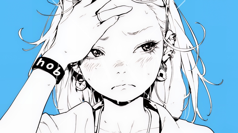 額に手を当てて「困ったな」ポーズをしている若い女性（シンプルな色使い）