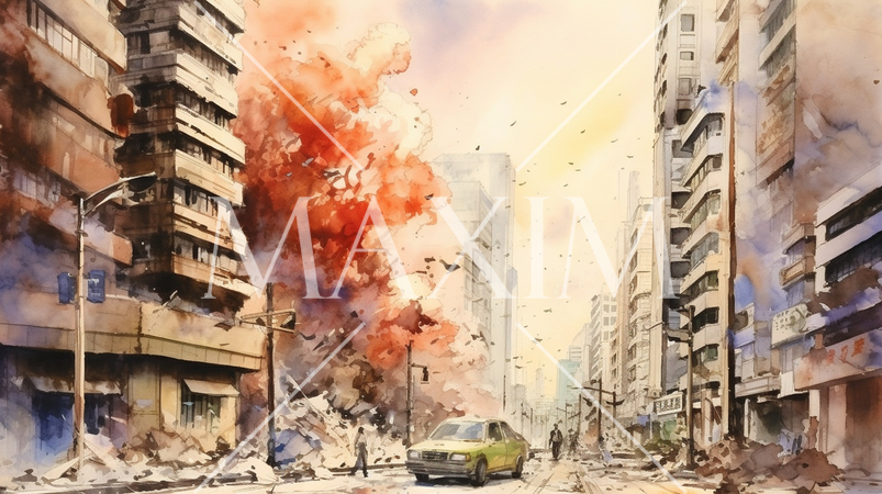 都市を直撃する地震：都市直下型地震の水彩画