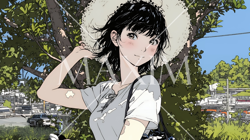 春風に飛ばされそうな帽子を、手で押さえる若い女性