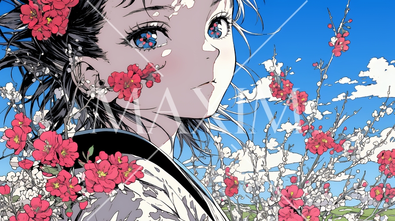 満開の梅の花と和服姿の若い女性