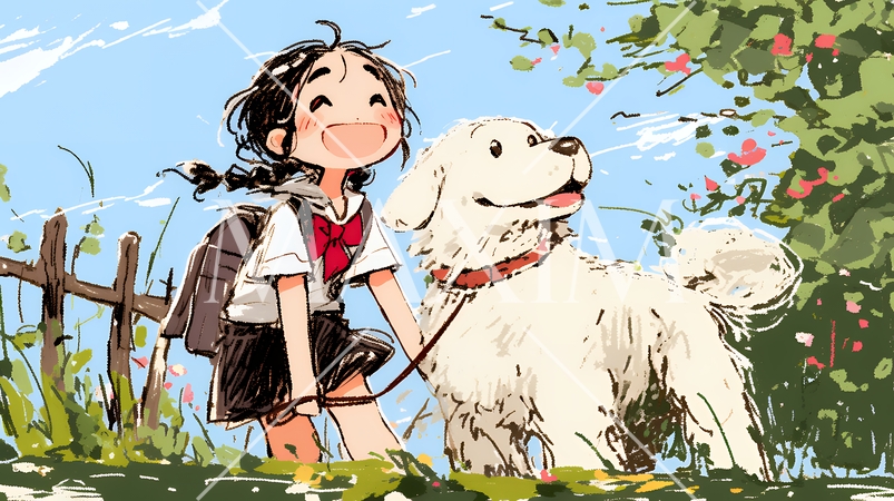 愛犬と散歩をしている女の子（クレヨン＋水彩画風）