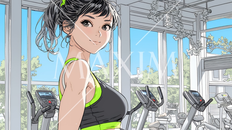 休日にジムで軽く運動する若い女性