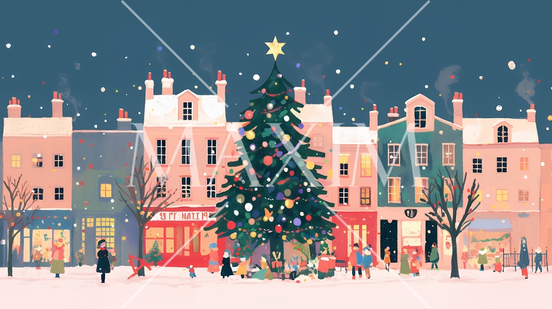 イルミネーションが彩るホワイトクリスマスの都会（ポップでキュートな表現）