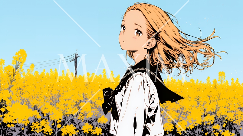 春風の中、菜の花畑にいる制服姿の女子高生