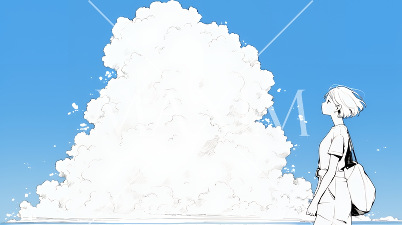 夏の海と入道雲と若い女性（シンプルな色使い）