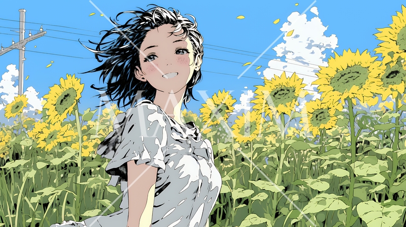 夏の晴天の日、ひまわりの畑を散策している黒髪の若い女性