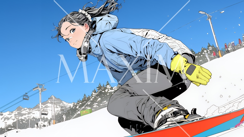 スノーボードを楽しんでいる若い女性