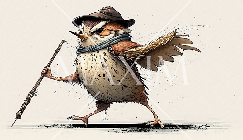 雀百まで踊り忘れず：幼いときに身についたことは生涯忘れない。杖をついた爺さん雀にツイストを踊らせた。