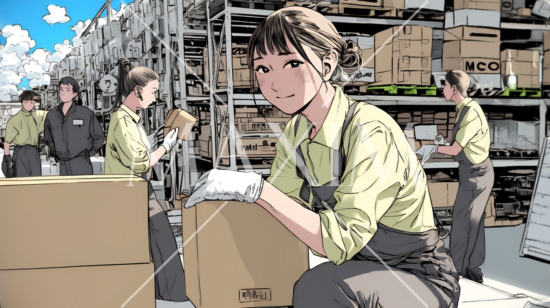 倉庫で配送作業をしている人たち