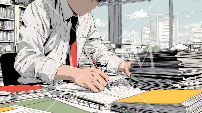 オフィスのデスクで、入念に書類をチェックする男性