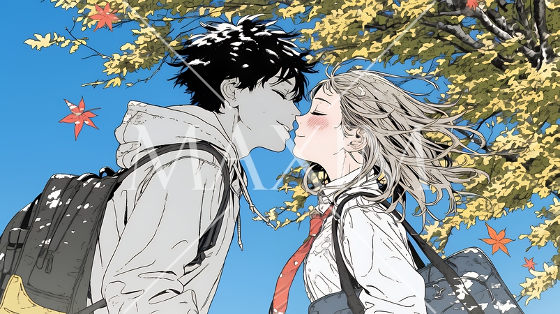 秋の紅葉の下でキスをしている若い恋人たち