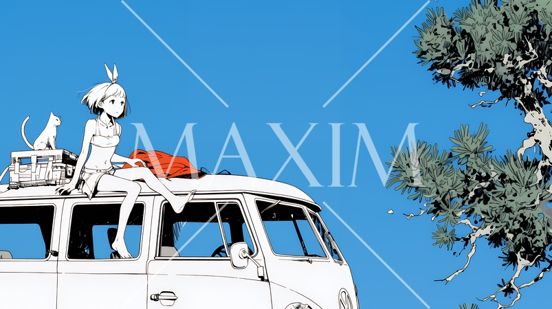 夏休みの思い出：仲間とワーゲンバスで海にドライブ（シンプルな色使い）