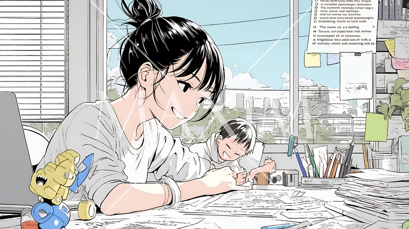 自宅でのリモートワークの場面：子どもが気になって集中できない