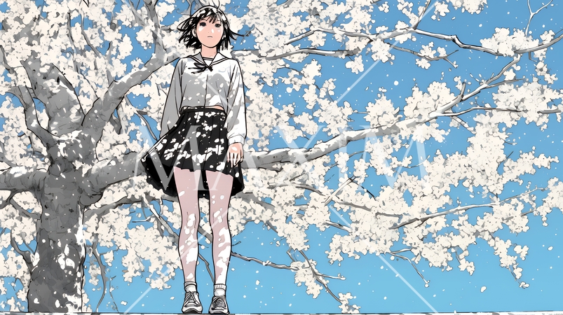 満開の桜の木の下を歩く若い女性