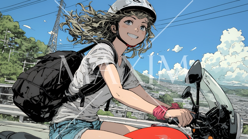 バイクに乗っている若い女性