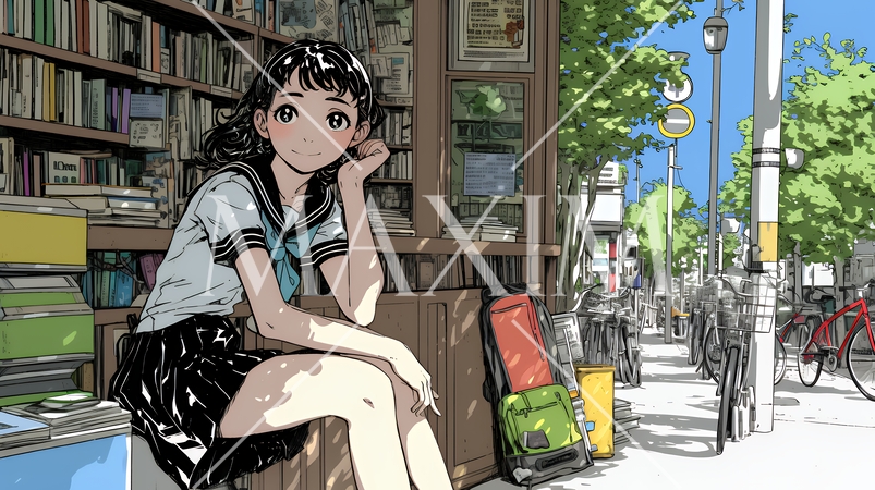 書店で本を選ぶ女子高生