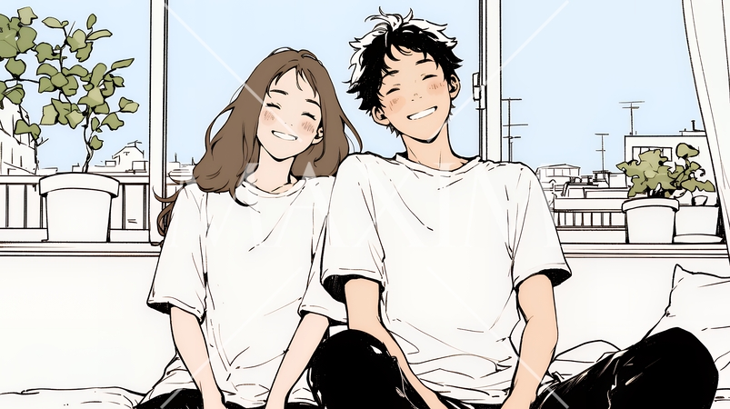 幸せそうなカップル：リビングルームて談笑（シンプルな色使い）