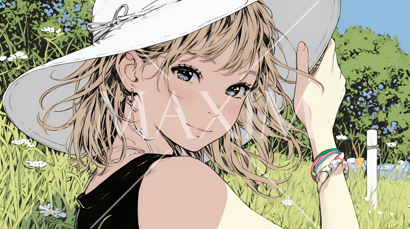 春風に飛ばされそうな帽子を、手で押さえる若い女性