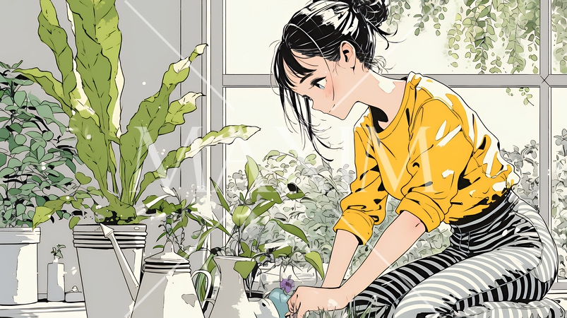 観葉植物の世話をする若い女性