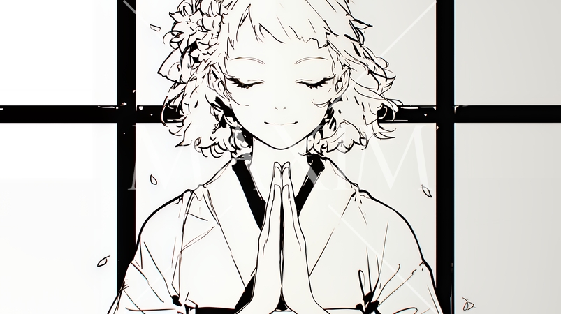 手を合わせてお祈りをしている和服姿の若い女性（シンプルな色使い）