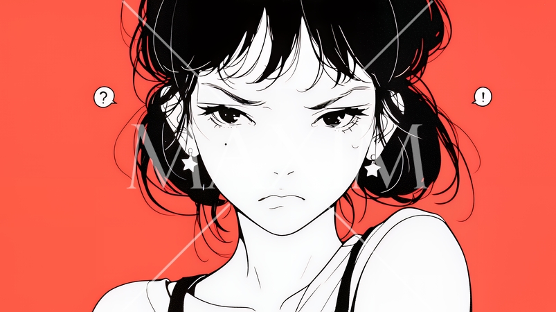 Noという表現を思いっきり顔に表しているる女性（シンプルな色使い）