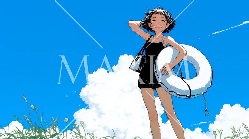 夏休みの思い出：友達と海水浴に行く（シンプルな色使い）