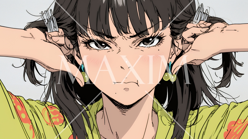 イライラした表情で口をとがらせて舌打ちをしている若い女性